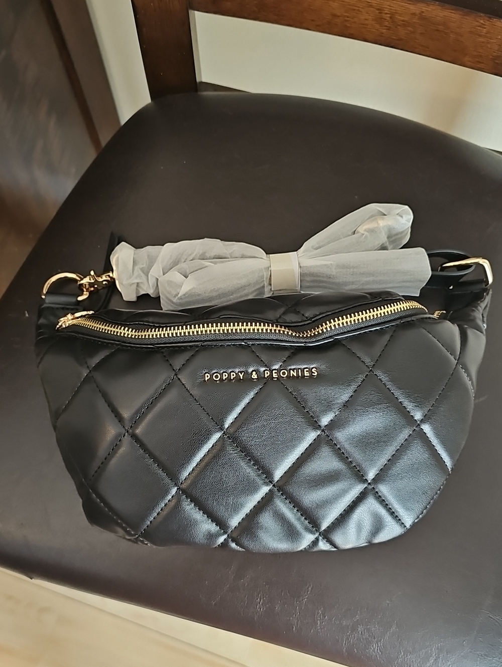 Poppy & Peonies Black Quilted Crossbody Bag with Gold Hardware